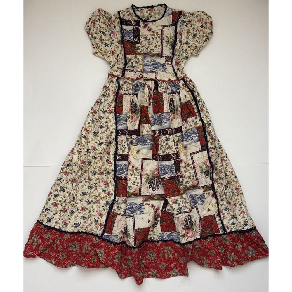 Montgomery Ward Vintage Cottagecore Floral Embroidered Maxi Dress Patchwork Sz 3